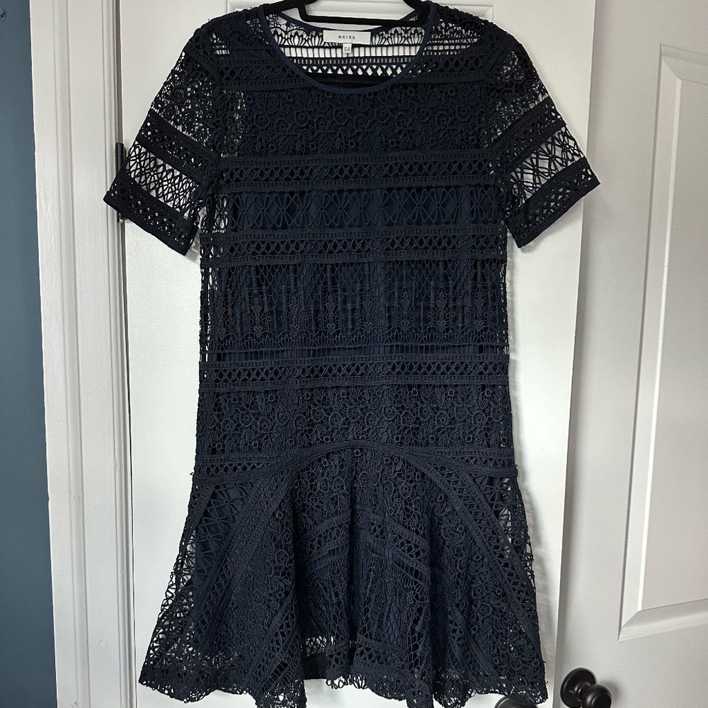 REISS Linda Lace Overlay Dress in Navy